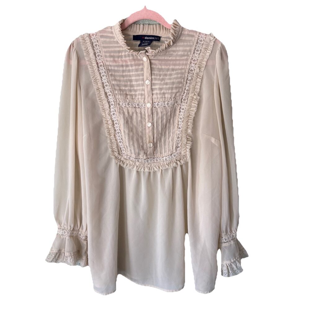 VTG Denim 24/7 Cream Lace Victorian Blouse Size 14W Cottagecore Ruffle Tunic